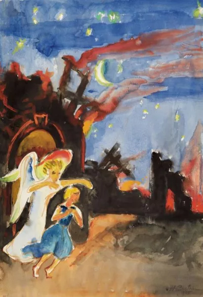 Max Pechstein — Käthchen und Cherub auf der Flucht aus brennendem Schloss. Verso: Schlossgraben