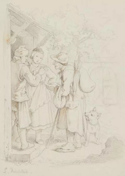 Adrian Ludwig Richter — Haderlump, bei bäuerlichem Ehepaar vorsprechend (verso: Christus)