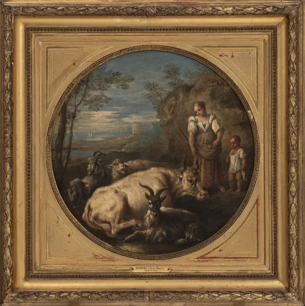 Johann Heinrich Roos — Attribué à Johann Heinrich Roos — Paysanne, enfant et troupeau dans un paysage côtier