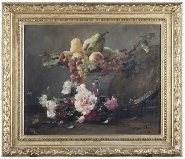 Eugène Petit — Nature morte aux fleurs et fruits,