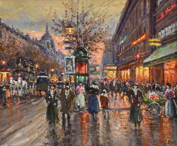 Émile Boyer — Rue parisienne animée au crépuscule,