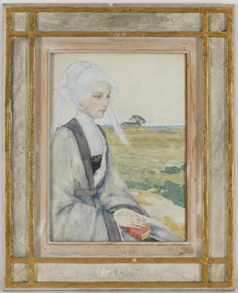 Edgard Maxence — Jeune femme bretonne sur fond de paysage