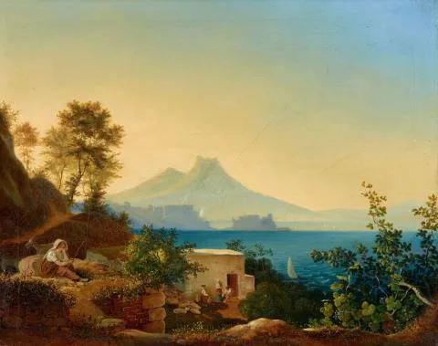 Adrian Ludwig Richter — Am Golf von Neapel. Blick über das Castel dell'ovo auf den Vesuv