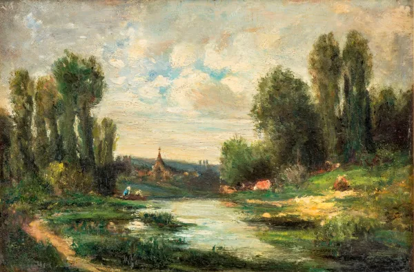 Charles-François Daubigny — Attribué à Charles François Daubigny — Paysage à la rivière,