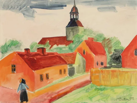 Max Pechstein — Landschaft mit Kirche, Nikolaikirche in Leba. 1922.