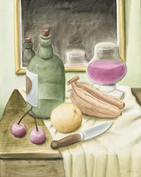 Fernando Botero — Nature morte aux fruits avec bouteilles