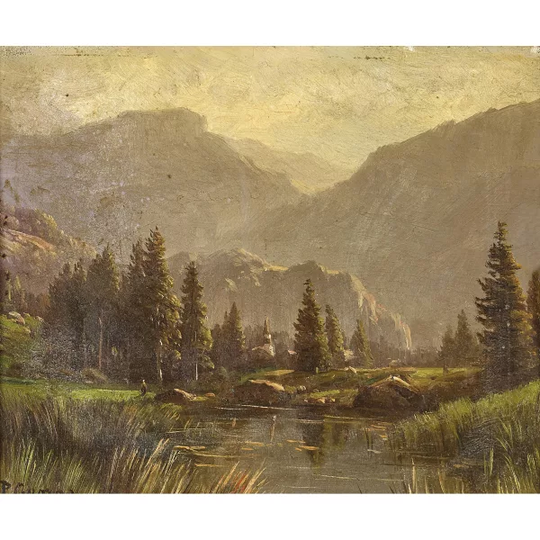 Philippe George — Sommerliche Bergseelandschaft mit Kirche.