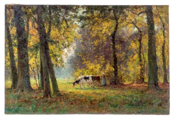 Léon Riket — Paysanne et 2 vaches dans le sous bois,