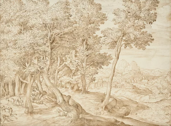 Domenico Campagnola — Paysage avec Jupiter repérant Callisto endormie,