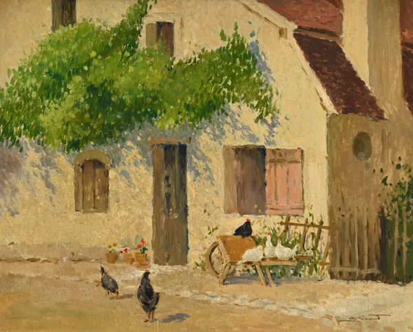 André Pécoud — Poules devant une maison de campagne