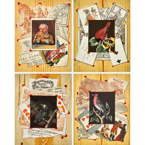 Christian Gottlob Winterschmidt — Vier Quodlibets mit Zeichnungen, Grafiken, Spielkarten Almanachblättern, Vogeldarstellungen und Bildnis.