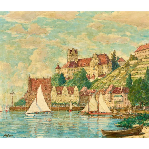 Fritz Geyer — Meersburg am Bodensee mit Segelschiffen.