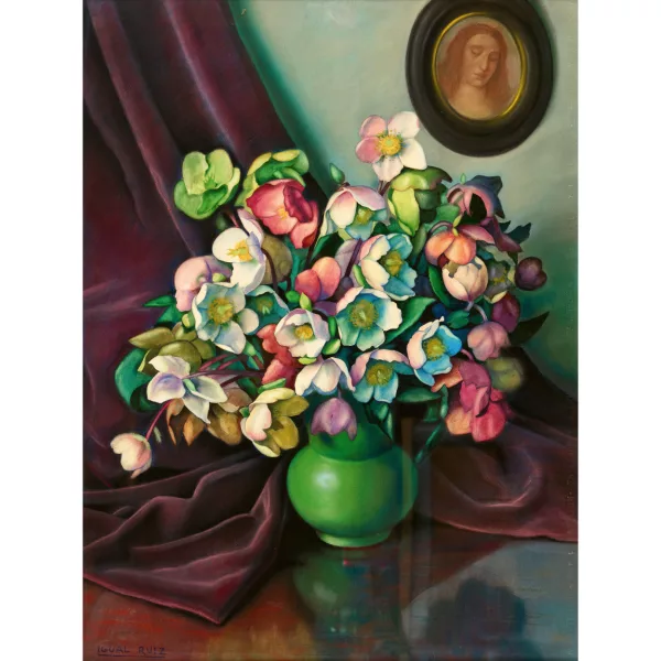 Enrique Igual Ruiz — Stillleben mit Christrosen in grüner Vase.