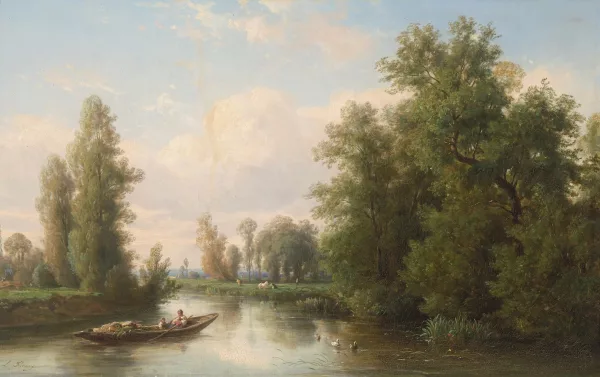 François Antoine Léon Fleury — Flusslandschaft mit Boot
