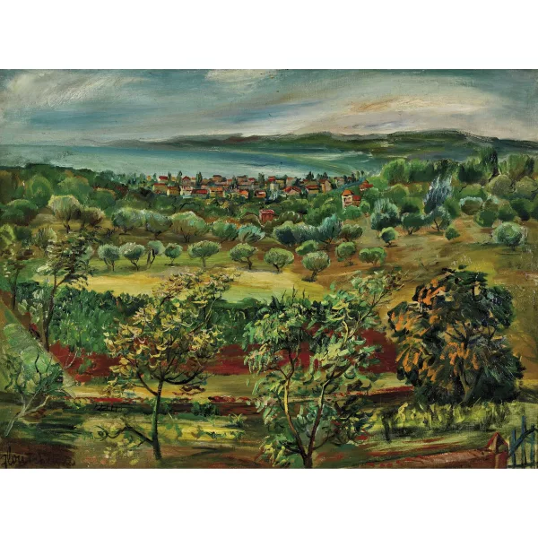 Mykola Hlushchenko — Küstenlandschaft mit Olivenhain und Stadt.