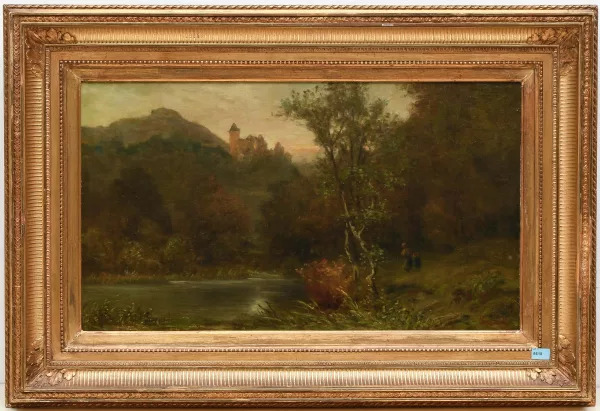 Peter Burnitz — Hügelige Landschaft mit Burg und Kindern, zum Fluss schreitend