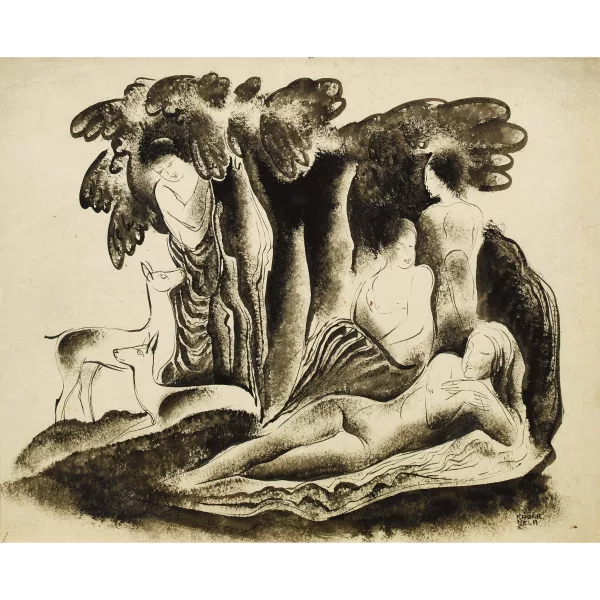 Béla Kádár — Waldstück mit Frauenakten und Rehen.