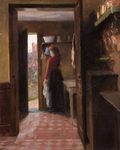 Léon-François Comerre — Frau in der Küche mit offener Tür zum Garten