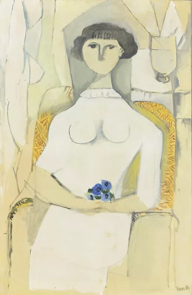 Francisco Bores — Femme assise avec bouquet.