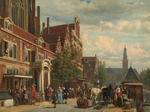 Cornelis Springer — Das Rokin in Amsterdam von südlicher Richtung aus gesehen mit ’s Haagse en Rotterdamse Veerhuis und der Nieuwezijds Kapel links sowie der Börse im Hintergrund im Jahre 1650