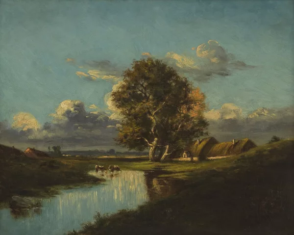 Jules Dupré — Vaches s'abreuvant près d'une maison