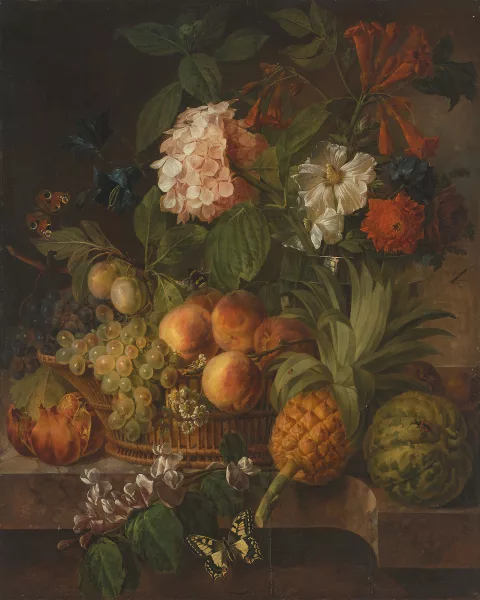 Joseph-Laurent Malaine — Nature morte aux fleurs et aux fruits, ananas sur la plaque de marbre