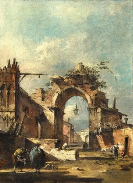Francesco Guardi — Caprice avec une arche en ruine et les remparts d’un village