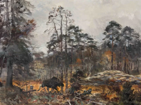 Lindorm Liljefors — Waldlandschaft mit Elch und Wölfen