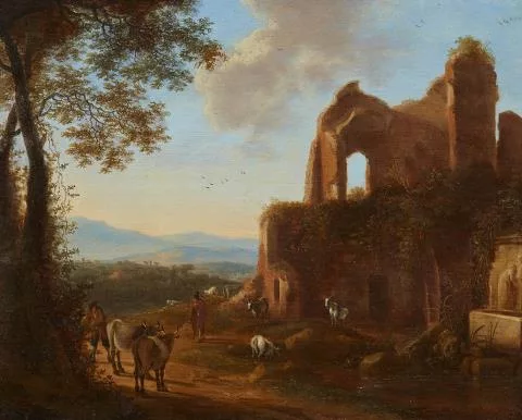 Horatius de Hooch — Südliche Landschaft mit antiker Ruine und Hirten