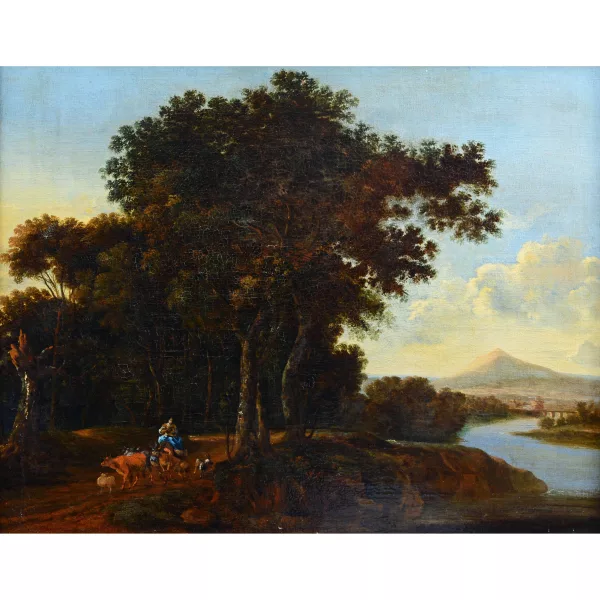 Jan Sonjé — Entourage de JAN GABRIELSZ. SONJÉ — Flusslandschaft mit reitender Hirtin und Vieh.