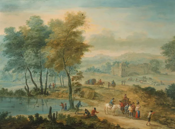 Mathys Schoevaerdts — Attribué à Schoevaerdts, Mathys — zugeschrieben Weite Landschaft mit Handelstreibenden
