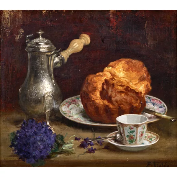Pierre-Adolphe Huas — Natura morta su tavolo con bricco, brioche, porcellana e mazzo di violette.