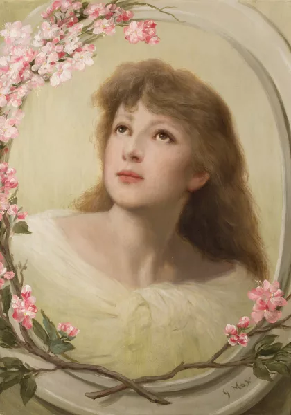Gabriel von Max — Portrait d'une jeune femme dans un médaillon ovale de branches fleuries