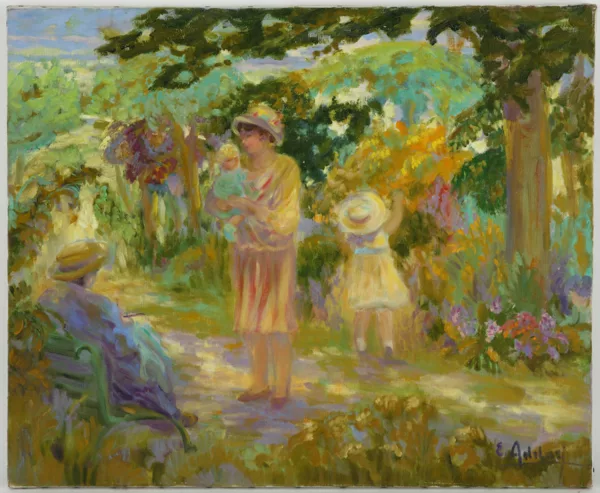 Robert Nyel — Robert Nyel (1930), \Famille au jardin\, huile sur