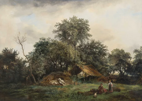 André Jolivard — Landschaft mit Bauern und Heuhaufen