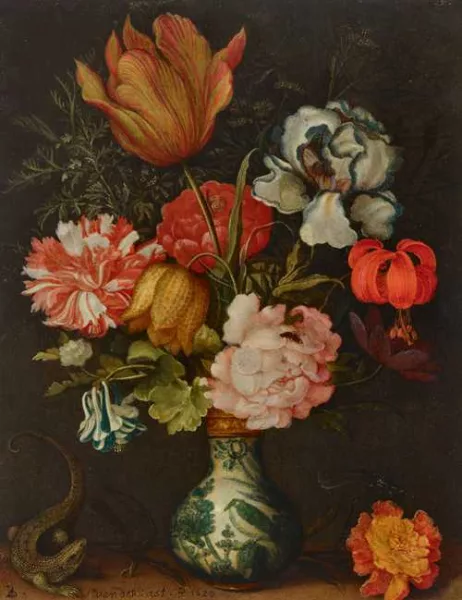 Balthasar van der Ast — Bouquet of flowers in a Wan-li vase with a lizard. 162[...].
