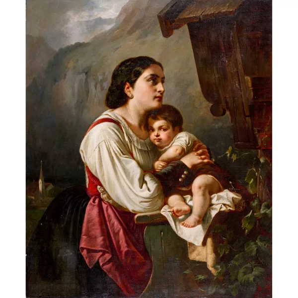 Ignaz Gaugengigl — Young peasant woman with child praying at a wayside shrine