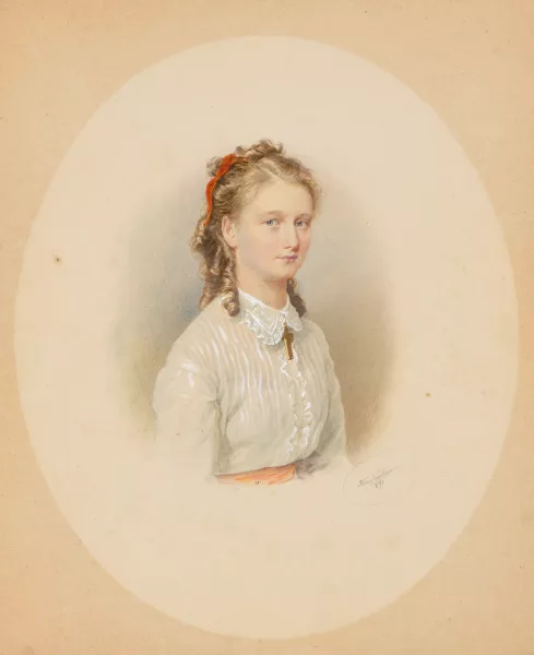 Josef Kriehuber — Portrait d'une jeune fille aux cheveux bouclés blond foncé et au chemisier blanc à volants