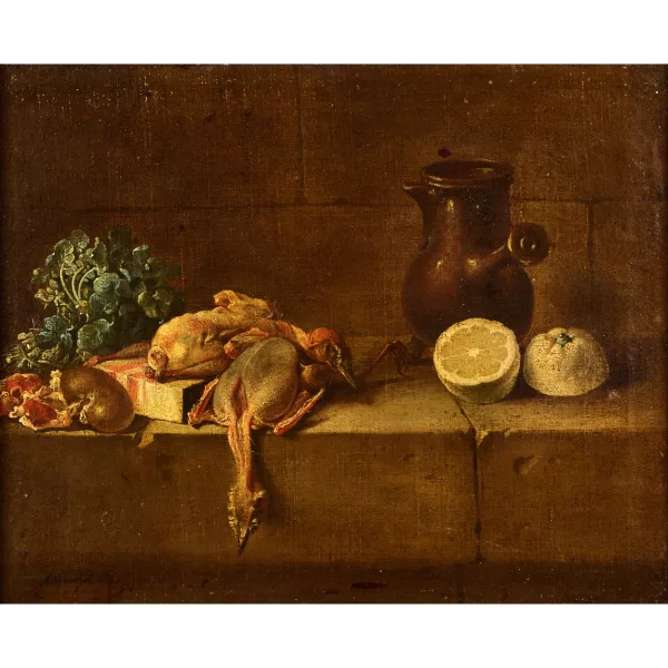 Jean-Joseph-Xavier Bidauld — Nature morte avec volailles plumées, citron et verseuse.