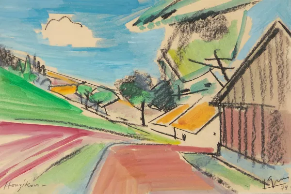 Jaroslav Grus — Landschaft mit Dorf im Vordergrund