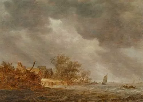Jan van Goyen — Stormy river landscape with rowing and sailing boats and fishermen. 1638.