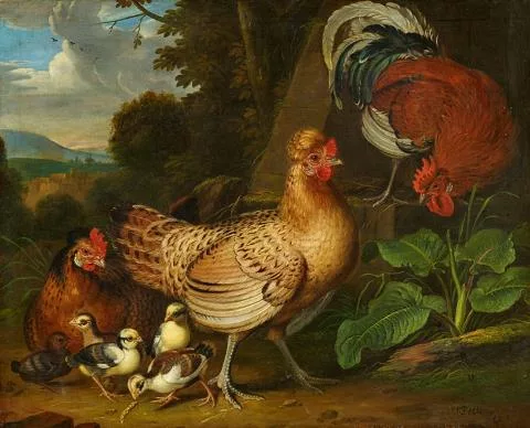 Jakob Samuel Beck — Hahn mit zwei Hennen und ihren Küken