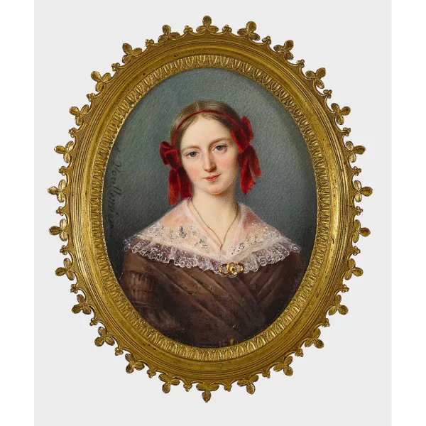 Anne Nicole Voullemier — Mädchenbildnis mit roten Maschen im Haar.
