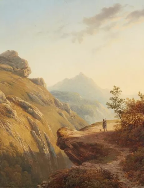 Cornelis Lieste — Gebirgslandschaft mit Jäger und Hund