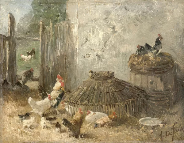 Alexandre Defaux — Poules, coqs et poussins au poulailler