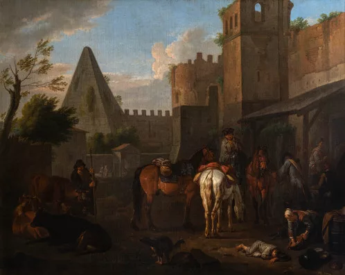 Pieter van Bloemen — Cavalieri a riposo sotto le mura di Roma
