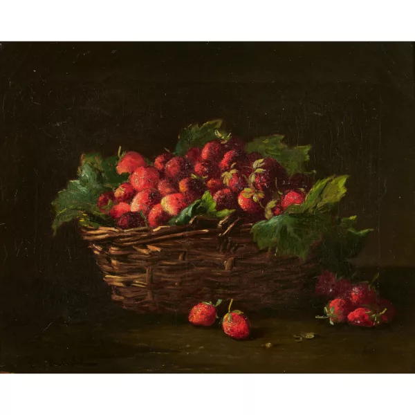 Eugène Claude — Still life with strawberries in a wicker basket.