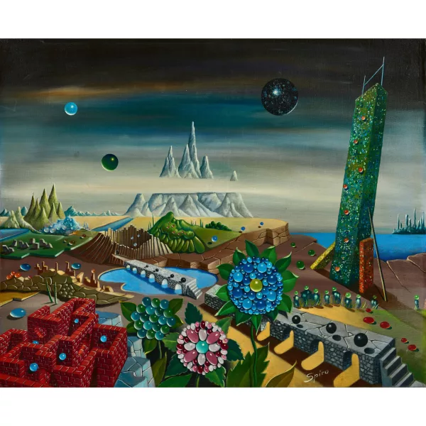 Georges Spiro — Paysage fantastique avec montagnes et tour