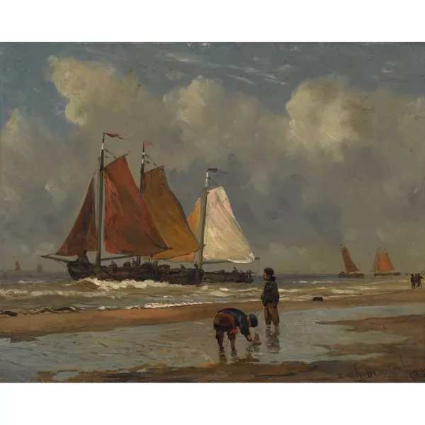 Willem Antonie van Deventer — Strandpartie mit Knaben und Segelschiffen.