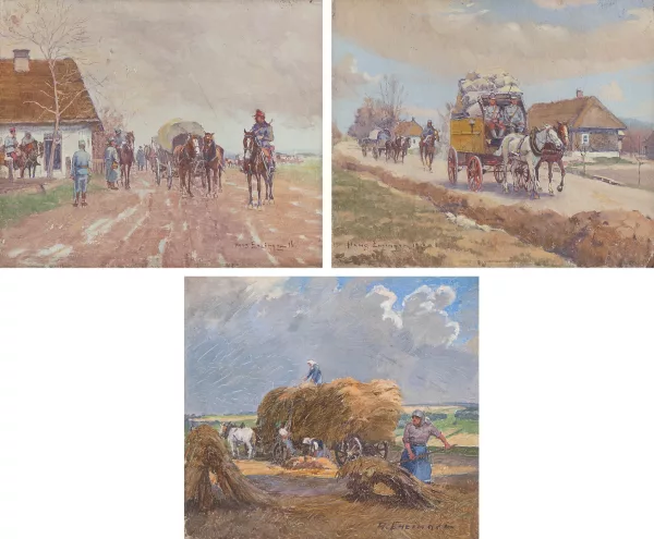 Hans Enzinger — Folge von 3 Miniaturgemälden: Postkutsche, 1916 / Pferdefuhrwerk, 1916 / Heuernte